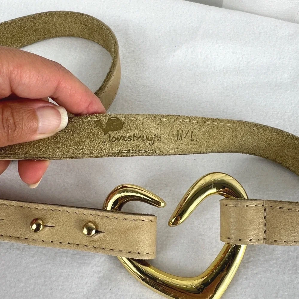 Womens Tan Leather Heart Buckle Belt Gold Tone Hardware Size M/L Festivak wester